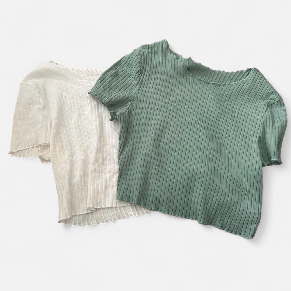 Ribbed Knit Women Tops - Green and Cream